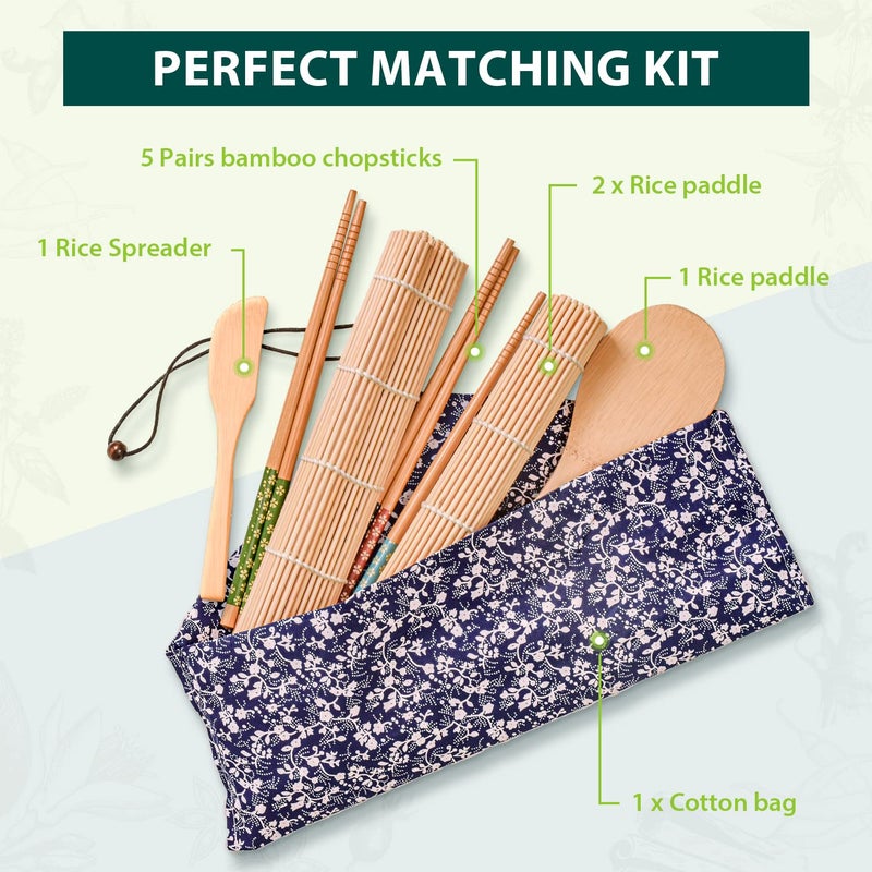 Soeos Beginner Sushi Making Kit, 10 Piece Bamboo Sushi Kit with 2 Bamboo Rolling Mats, 5 Pairs Chopsticks, Paddle, and Spreader, All Natural, Sushi Making Kit Gift Set, Sushi Maker Kit, Sushi Maker. - Image 4